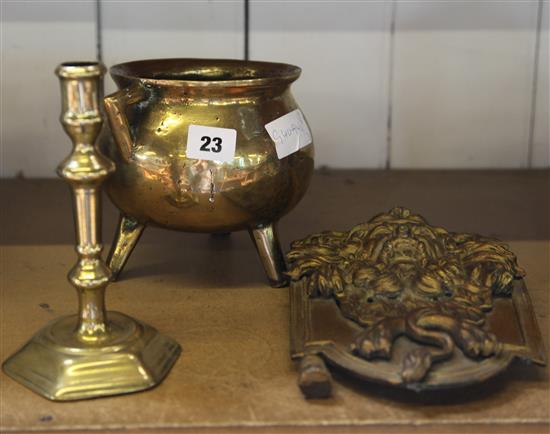 Brass caldron, candlestick & plaque